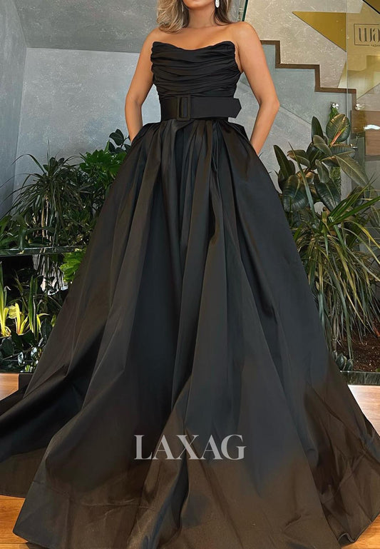 Strapless Pleated Ruched Formal Gowns Scoop-Neck Sleeveless Pleated Satin A-Line Evening Dress