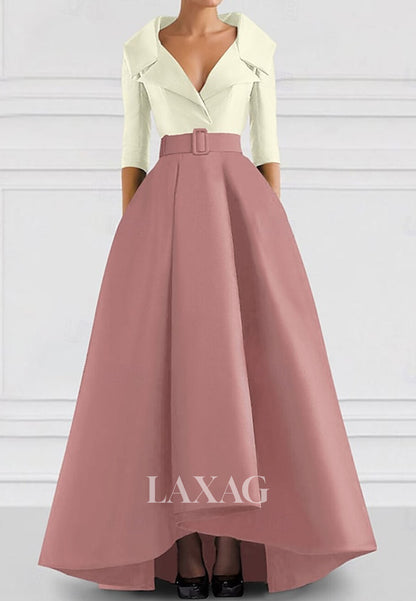 V-Neck Collared 3/4-Sleeves A-Line Evening Dress Two Tone Satin Floor-Length Formal Gowns