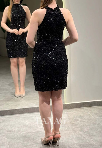 Halter-Neck Off-Shoulder Sleeveless Fully Sequined Short Mermaid Party Homecoming Dress