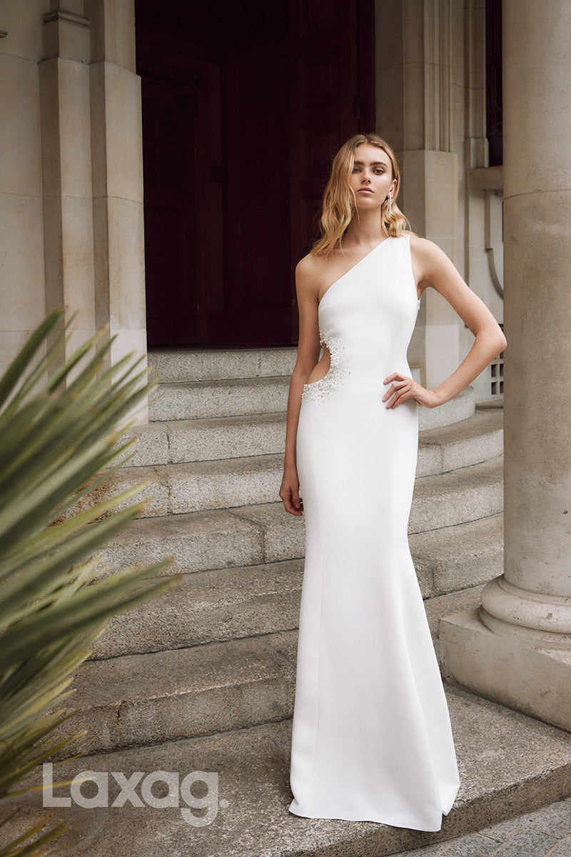 15652 - One Shoulder Cut Outs Waist Sheath Wedding Dress