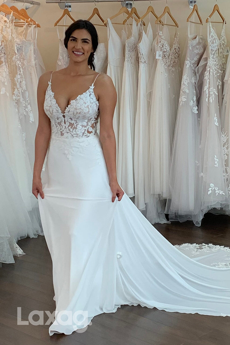 15659 - Elegant Spaghetti Straps V-Neck Court Train Wedding Dress