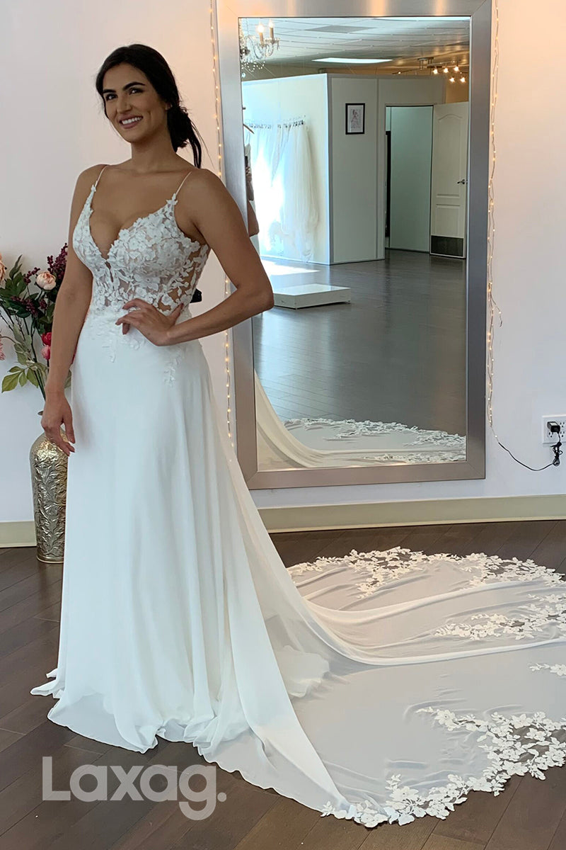 15659 - Elegant Spaghetti Straps V-Neck Court Train Wedding Dress