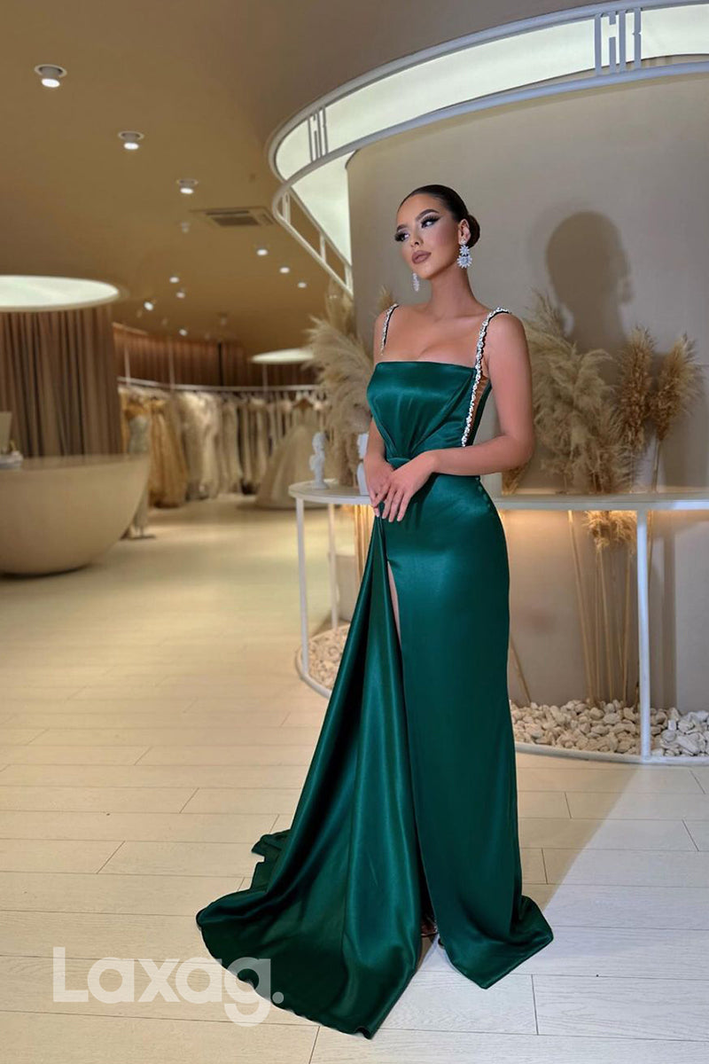 15723 Green Rhinestone Straps High Split Sheath Draped Prom