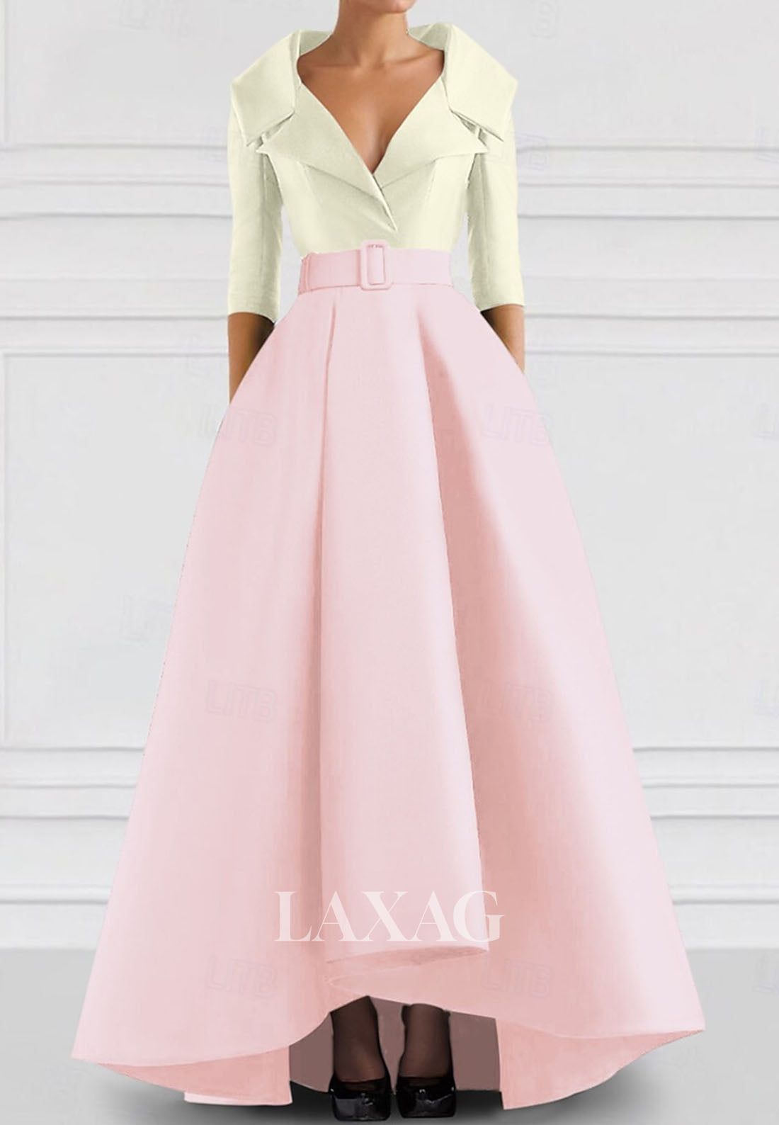 V-Neck Collared 3/4-Sleeves A-Line Evening Dress Two Tone Satin Floor-Length Formal Gowns