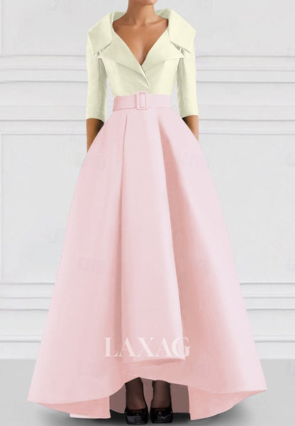 V-Neck Collared 3/4-Sleeves A-Line Evening Dress Two Tone Satin Floor-Length Formal Gowns