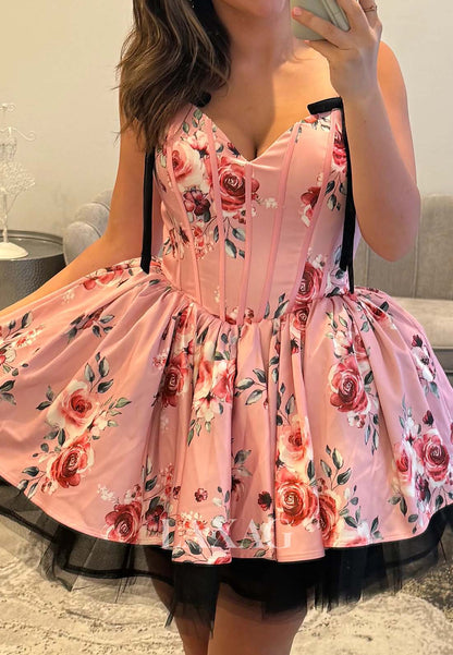 V-Neck Spaghetti Straps Off-Shoulder Print-Satin A-Line Party Homecoming Dress with Bow