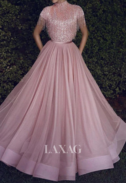 Unique High-Neck Cap-Sleeves Sequins Beaded Pleated Tulle A-Line Formal Evening Dress