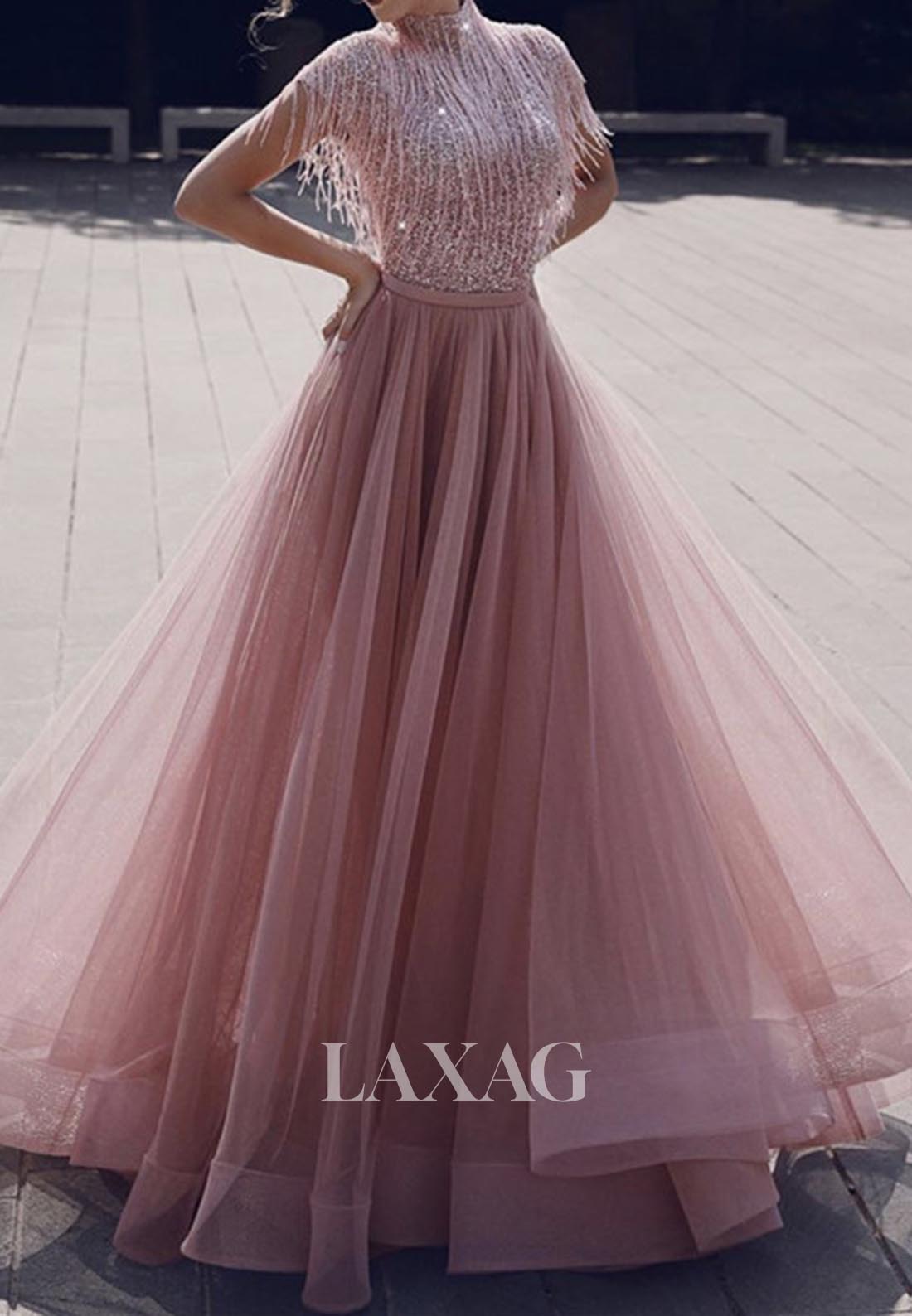 Unique High-Neck Cap-Sleeves Sequins Beaded Pleated Tulle A-Line Formal Evening Dress
