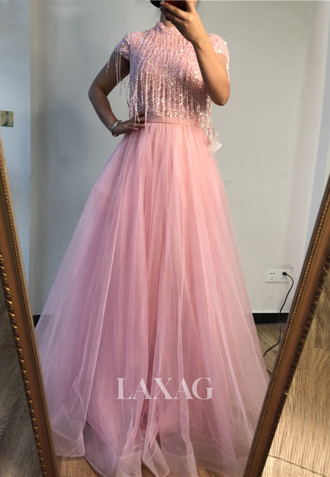 Unique High-Neck Cap-Sleeves Sequins Beaded Pleated Tulle A-Line Formal Evening Dress