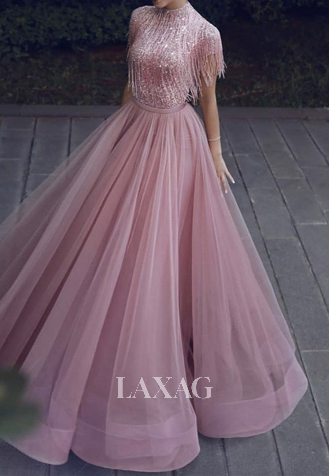 Unique High-Neck Cap-Sleeves Sequins Beaded Pleated Tulle A-Line Formal Evening Dress