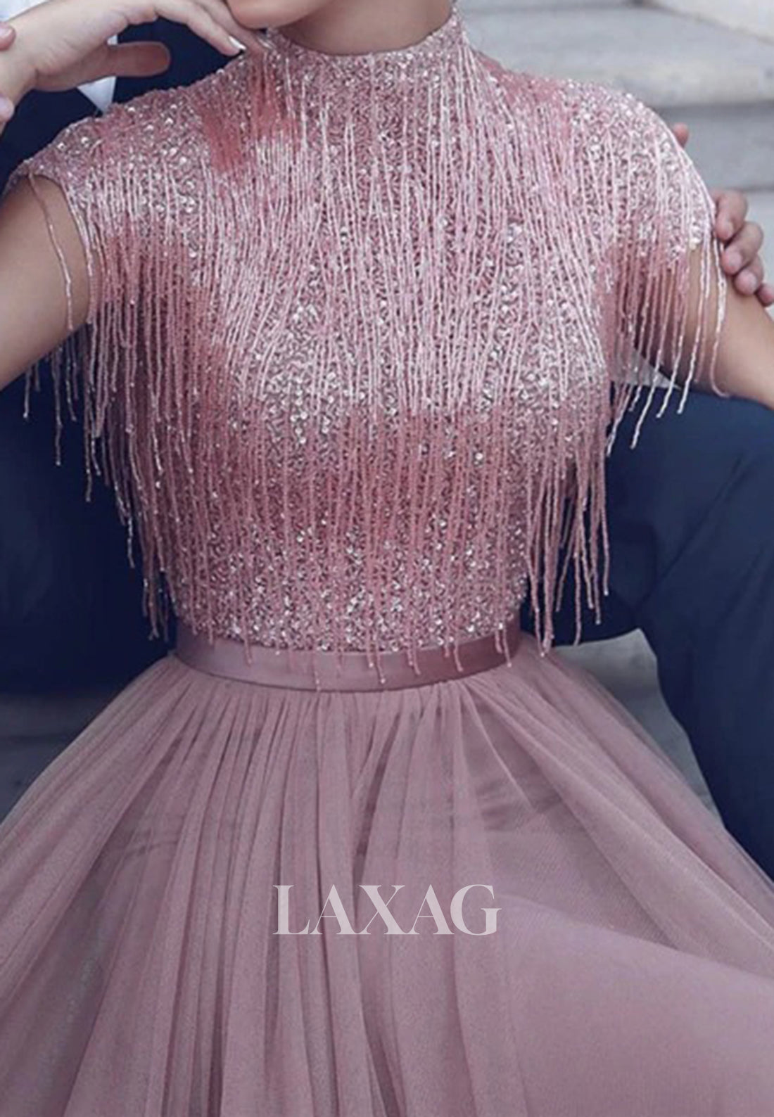 Unique High-Neck Cap-Sleeves Sequins Beaded Pleated Tulle A-Line Formal Evening Dress