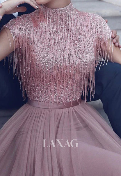 Unique High-Neck Cap-Sleeves Sequins Beaded Pleated Tulle A-Line Formal Evening Dress