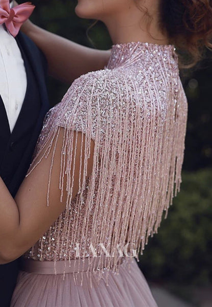 Unique High-Neck Cap-Sleeves Sequins Beaded Pleated Tulle A-Line Formal Evening Dress