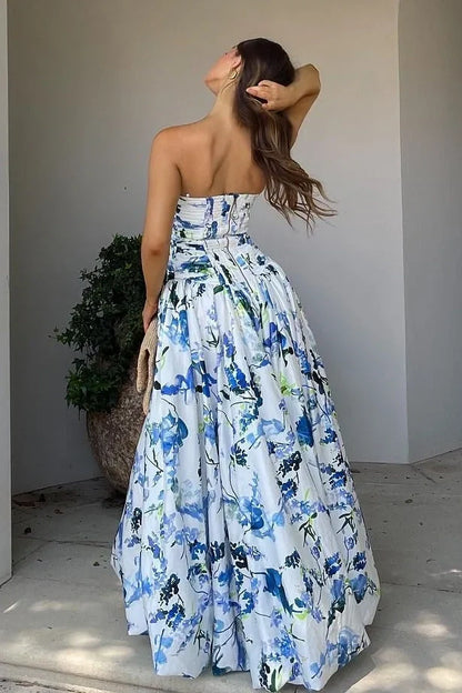 Tube Top Print-Satin Pleated Party Gowns Off-Shoulder Sleeveless High Slit A-Line Prom Dress