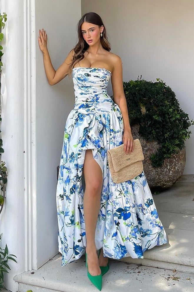 Tube Top Print-Satin Pleated Party Gowns Off-Shoulder Sleeveless High Slit A-Line Prom Dress