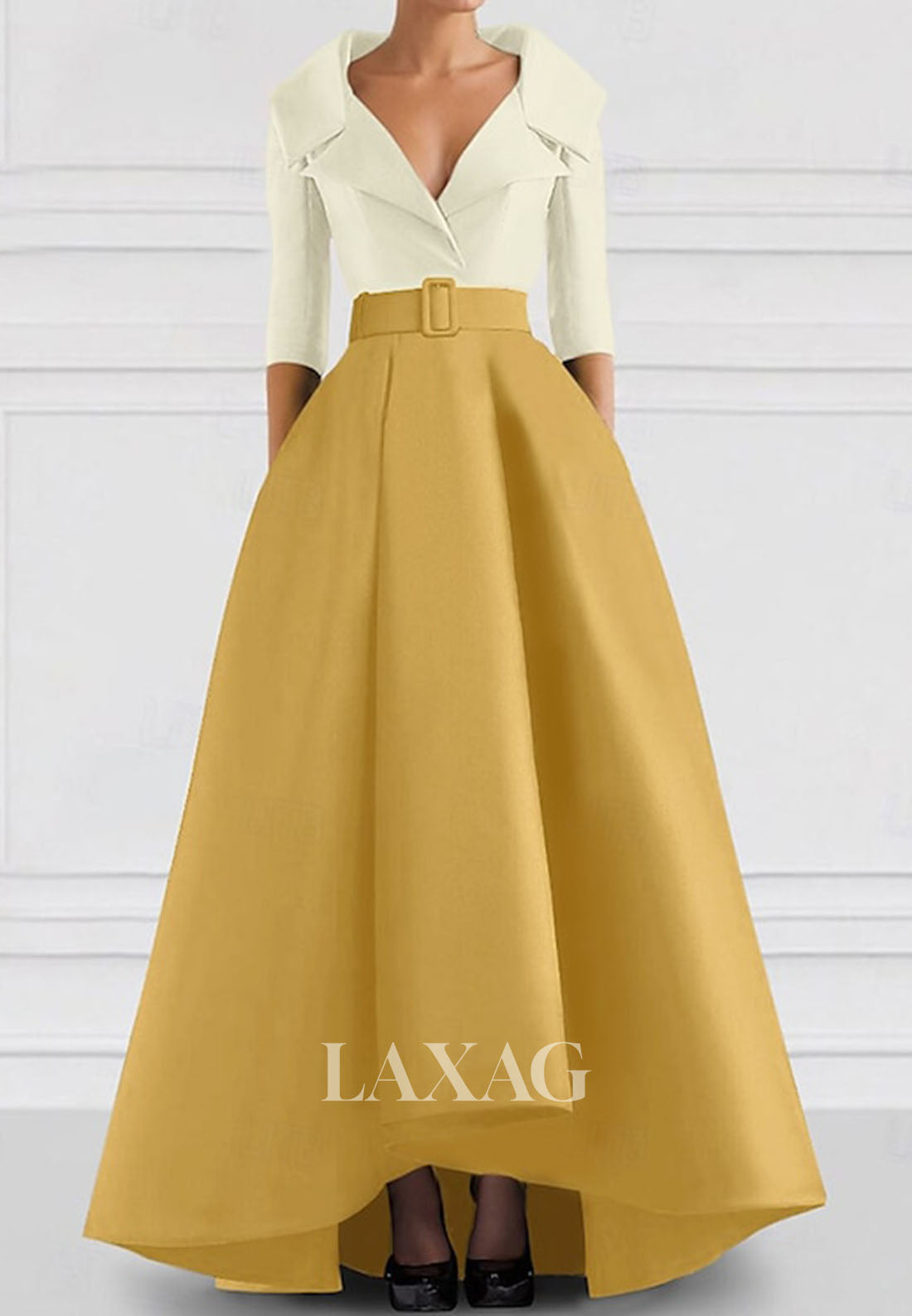 V-Neck Collared 3/4-Sleeves A-Line Evening Dress Two Tone Satin Floor-Length Formal Gowns