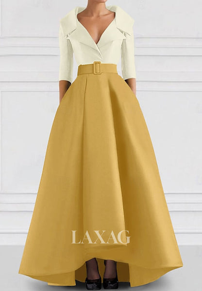 V-Neck Collared 3/4-Sleeves A-Line Evening Dress Two Tone Satin Floor-Length Formal Gowns