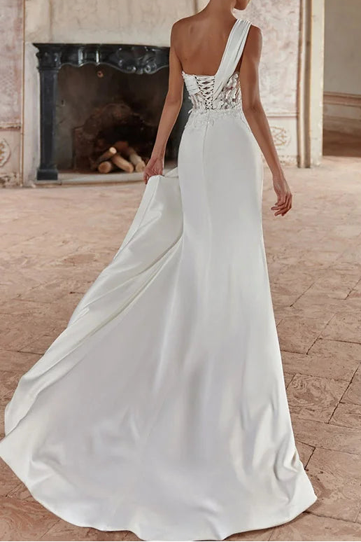 Sweetheart One-Strap 3D-Floral Applique Satin Pleated High Slit Mermaid Wedding Dress
