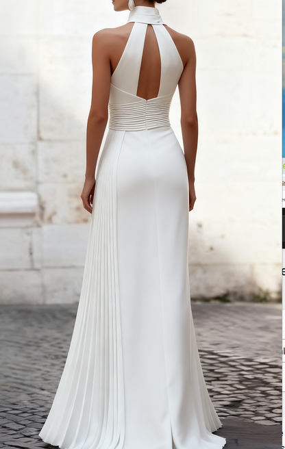 Halter-Neck Sleeveless Satin Pleated Floor-Length Simple Mermaid Evening Dress