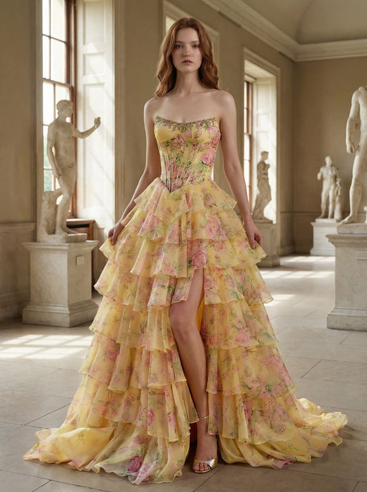 Scoop-Neck Print-Chiffon Pleated Tiered A-Line Prom Dress Off-Shoulder Sleeveless Beaded Party Gowns