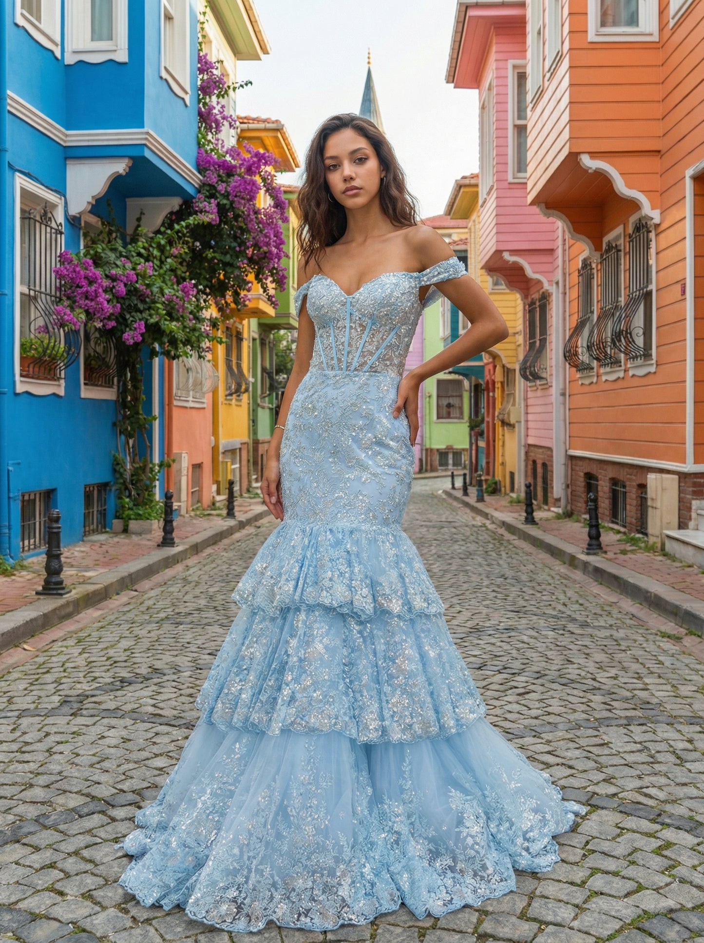 Fully Sequined Applique Tulle Pleated Sweetheart Tiered Trumpet Mermaid Prom Dress