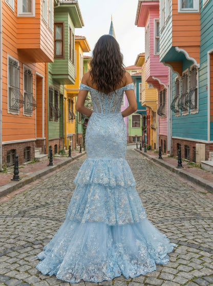 Fully Sequined Applique Tulle Pleated Sweetheart Tiered Trumpet Mermaid Prom Dress