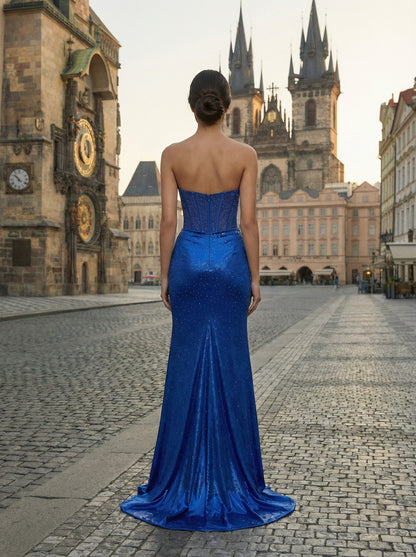 Scoop-Neck Off-Shoulder Beaded Party Gowns Sleeveless Pleated Sweep Train Prom Dress with High Slit