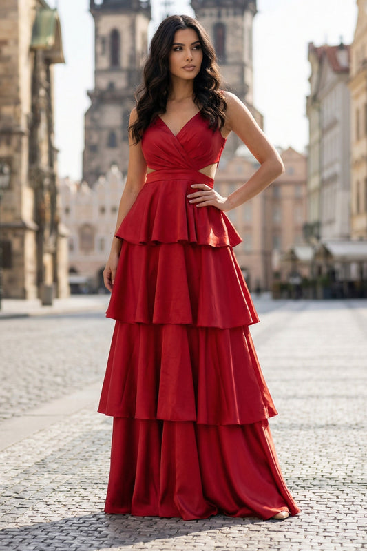 V-Neck Spaghetti Straps Sleeveless Floor-Length Satin Pleated Tiered A-Line Prom Dress