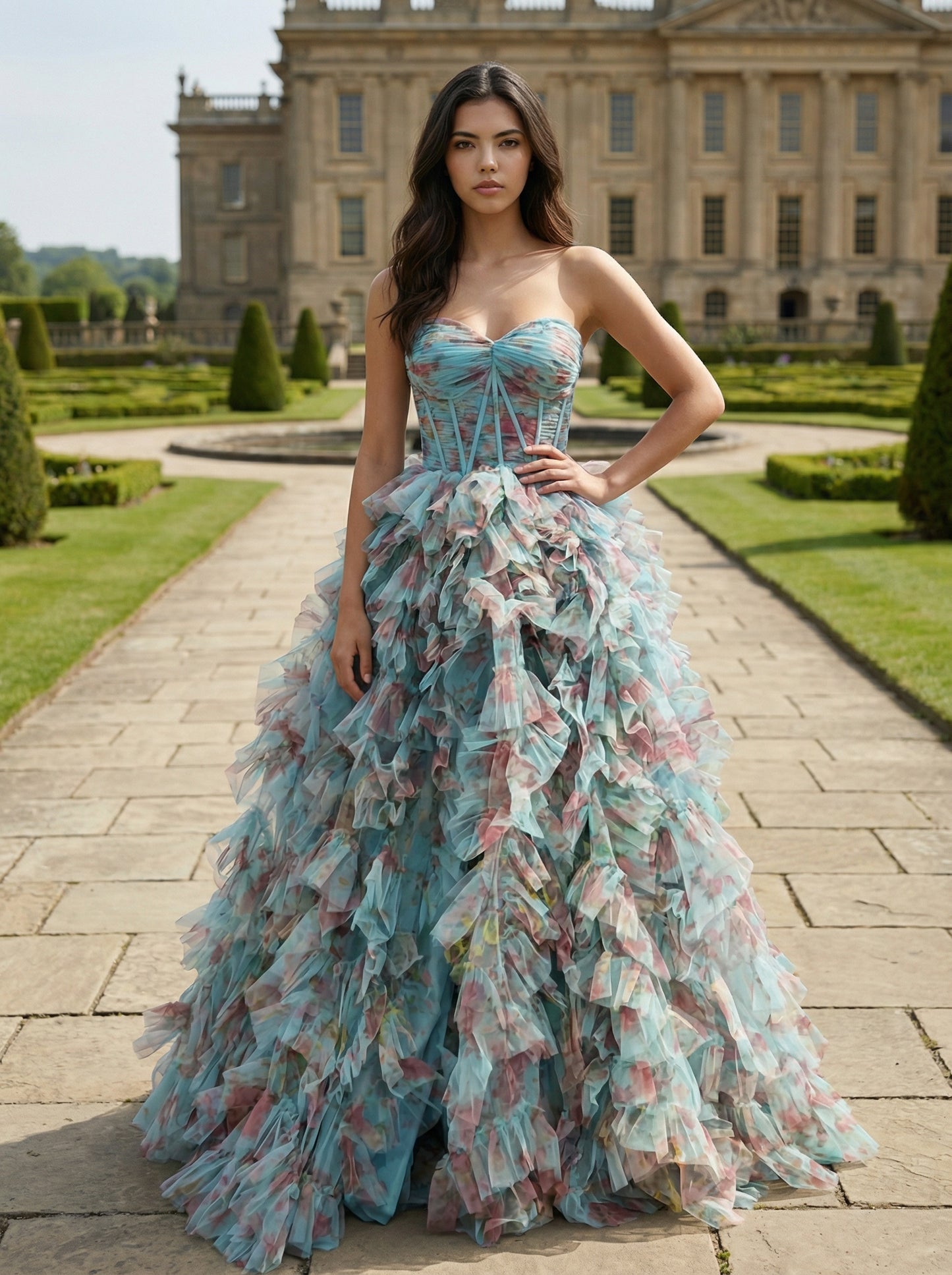 Sweetheart Off-Shoulder Party Gowns Sleeveless Print-Tulle Pleated Tiered A-Line Prom Dress