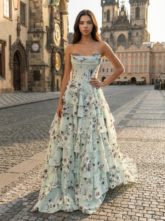Sweetheart Floor-Length Beaded Print-Chiffon Pleated Tiered A-Line Party Prom Dress