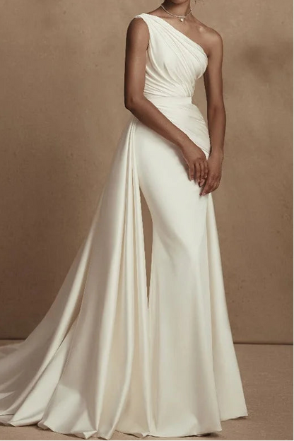 Asymmetrical-Neck One-Strap Sleeveless Satin Pleated Floor-Length Mermaid Wedding Dress
