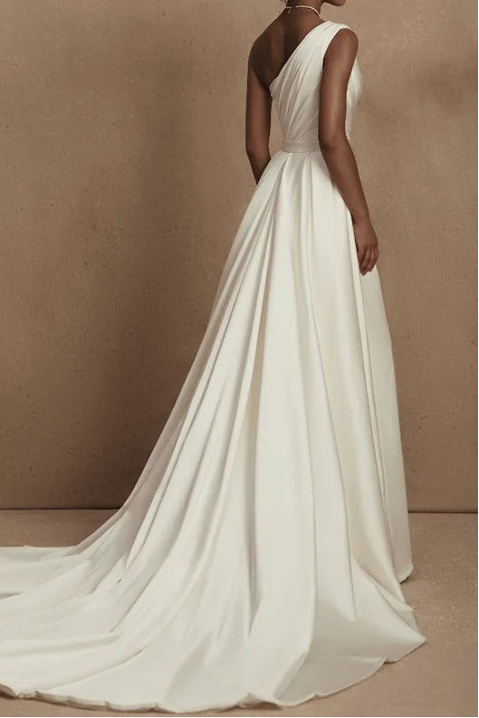 Asymmetrical-Neck One-Strap Sleeveless Satin Pleated Floor-Length Mermaid Wedding Dress