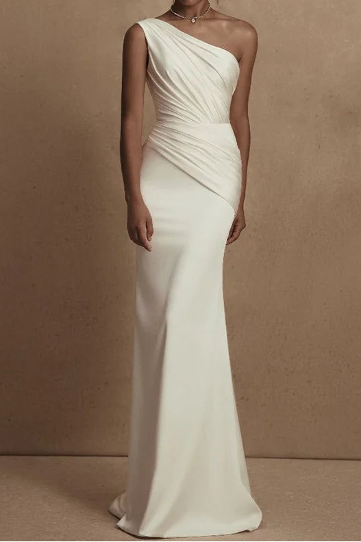 Asymmetrical-Neck One-Strap Sleeveless Satin Pleated Floor-Length Mermaid Wedding Dress
