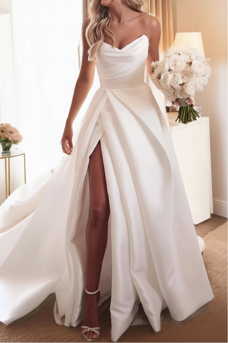 V-Neck Off-Shoulder Sleeveless Satin Pleated Train A-Line Wedding Dress with High Slit
