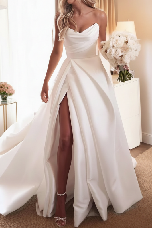 V-Neck Off-Shoulder Sleeveless Satin Pleated Train A-Line Wedding Dress with High Slit