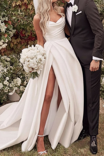V-Neck Off-Shoulder Sleeveless Satin Pleated Train A-Line Wedding Dress with High Slit