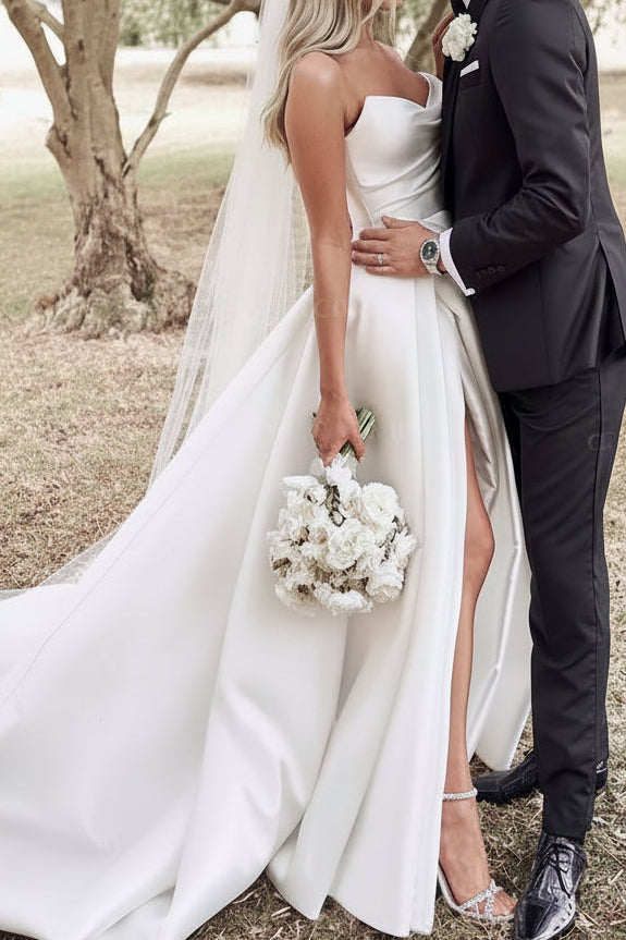 V-Neck Off-Shoulder Sleeveless Satin Pleated Train A-Line Wedding Dress with High Slit