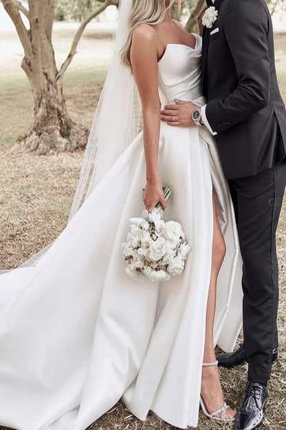 V-Neck Off-Shoulder Sleeveless Satin Pleated Train A-Line Wedding Dress with High Slit
