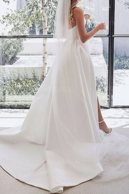 V-Neck Off-Shoulder Sleeveless Satin Pleated Train A-Line Wedding Dress with High Slit