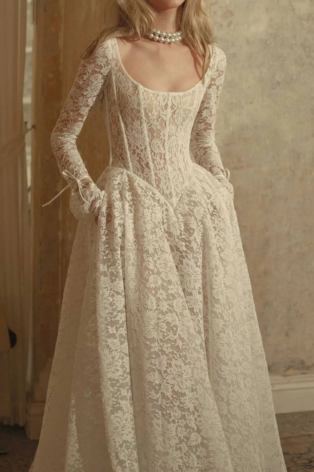 Scoop-Neck Long-Sleeves Lace Pleated Sheer Floor-Length A-Line Wedding Dress