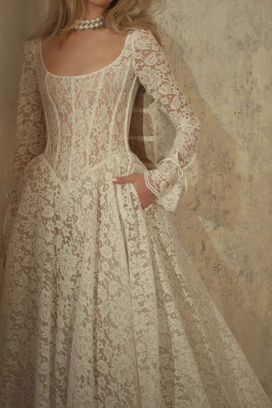 Scoop-Neck Long-Sleeves Lace Pleated Sheer Floor-Length A-Line Wedding Dress
