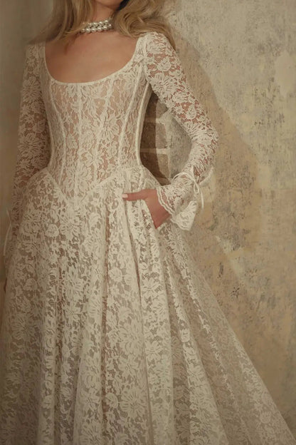 Scoop-Neck Long-Sleeves Lace Pleated Sheer Floor-Length A-Line Wedding Dress