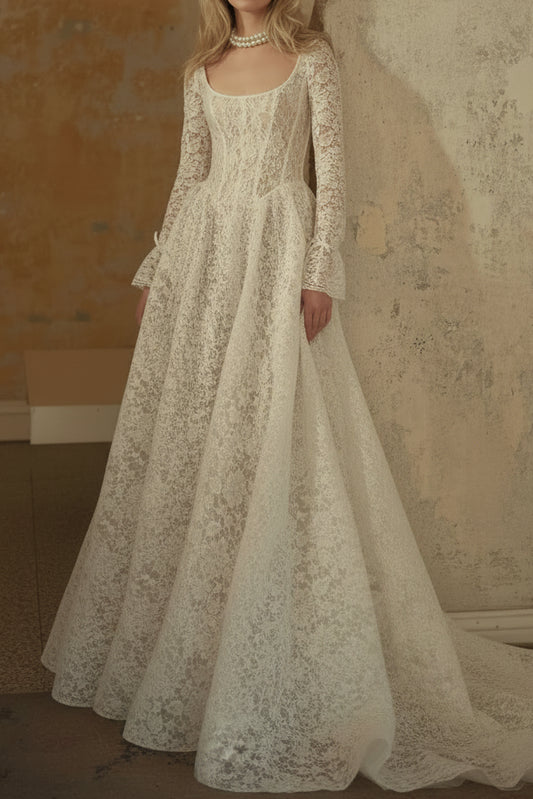 Scoop-Neck Long-Sleeves Lace Pleated Sheer Floor-Length A-Line Wedding Dress