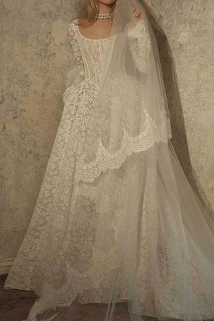 Scoop-Neck Long-Sleeves Lace Pleated Sheer Floor-Length A-Line Wedding Dress