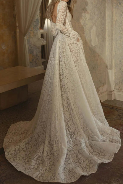 Scoop-Neck Long-Sleeves Lace Pleated Sheer Floor-Length A-Line Wedding Dress