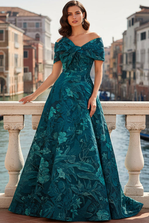 Bateau-Neck Sleeveless Jacquard Satin Pleated Floor-Length A-Line Formal Cocktail Dress