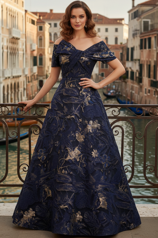 Bateau-Neck Sleeveless Jacquard Satin Pleated Floor-Length A-Line Formal Cocktail Dress