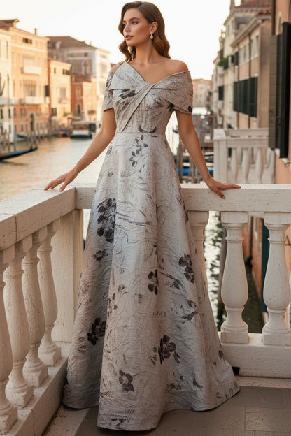 Bateau-Neck Sleeveless Jacquard Satin Pleated Floor-Length A-Line Formal Cocktail Dress
