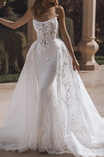 Sweetheart Off-Shoulder Sleeveless Applique Lace Pleated Mermaid Wedding Dress with Train