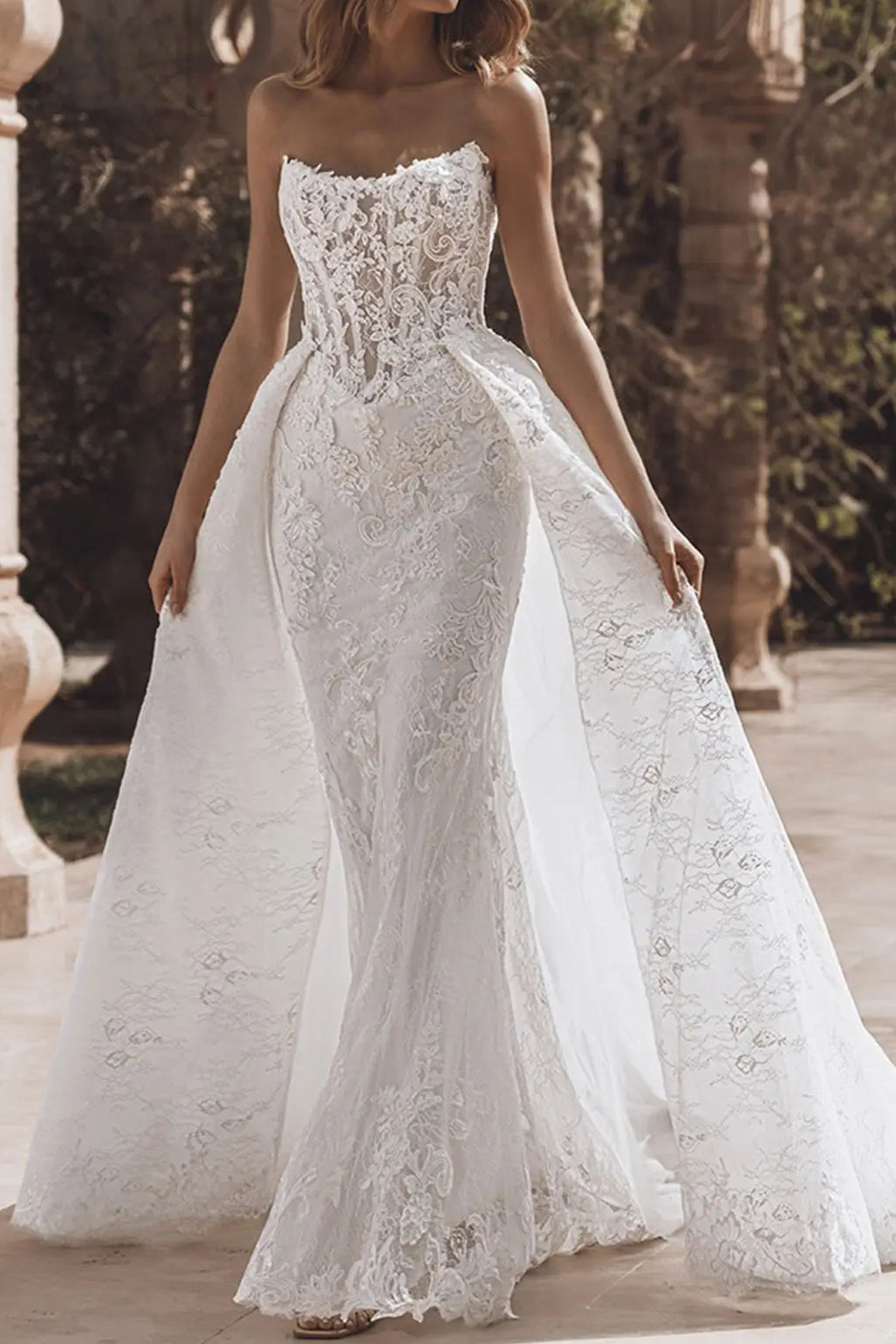 Sweetheart Off-Shoulder Sleeveless Applique Lace Pleated Mermaid Wedding Dress with Train